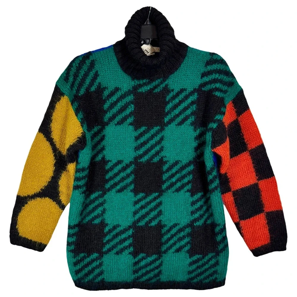 NWT Vintage Fuzzy Mohair Turtleneck Sweater M L Bold Colorblock‎ Plaid Graphic